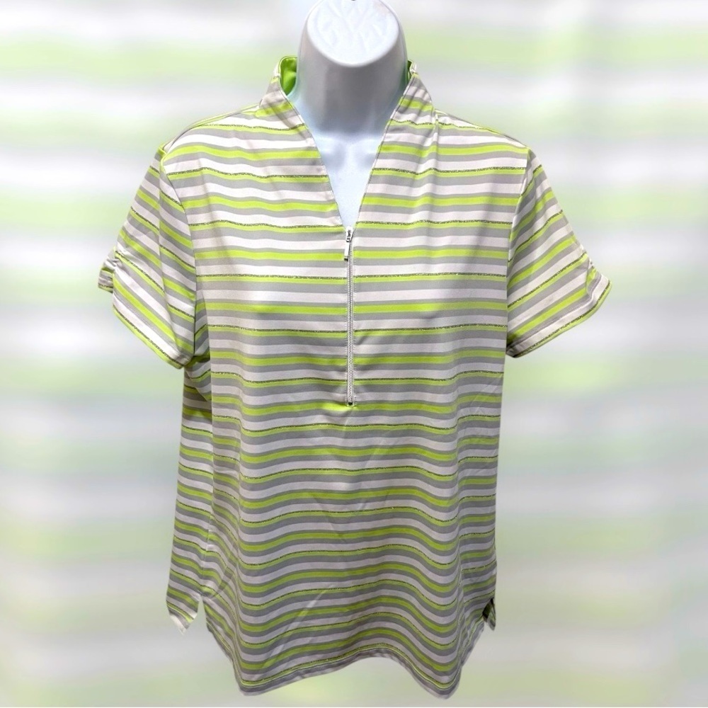 Zenergy Golf by Chicos Striped Short Sleeve Top Front Zipper Size 12 -Chicos 2